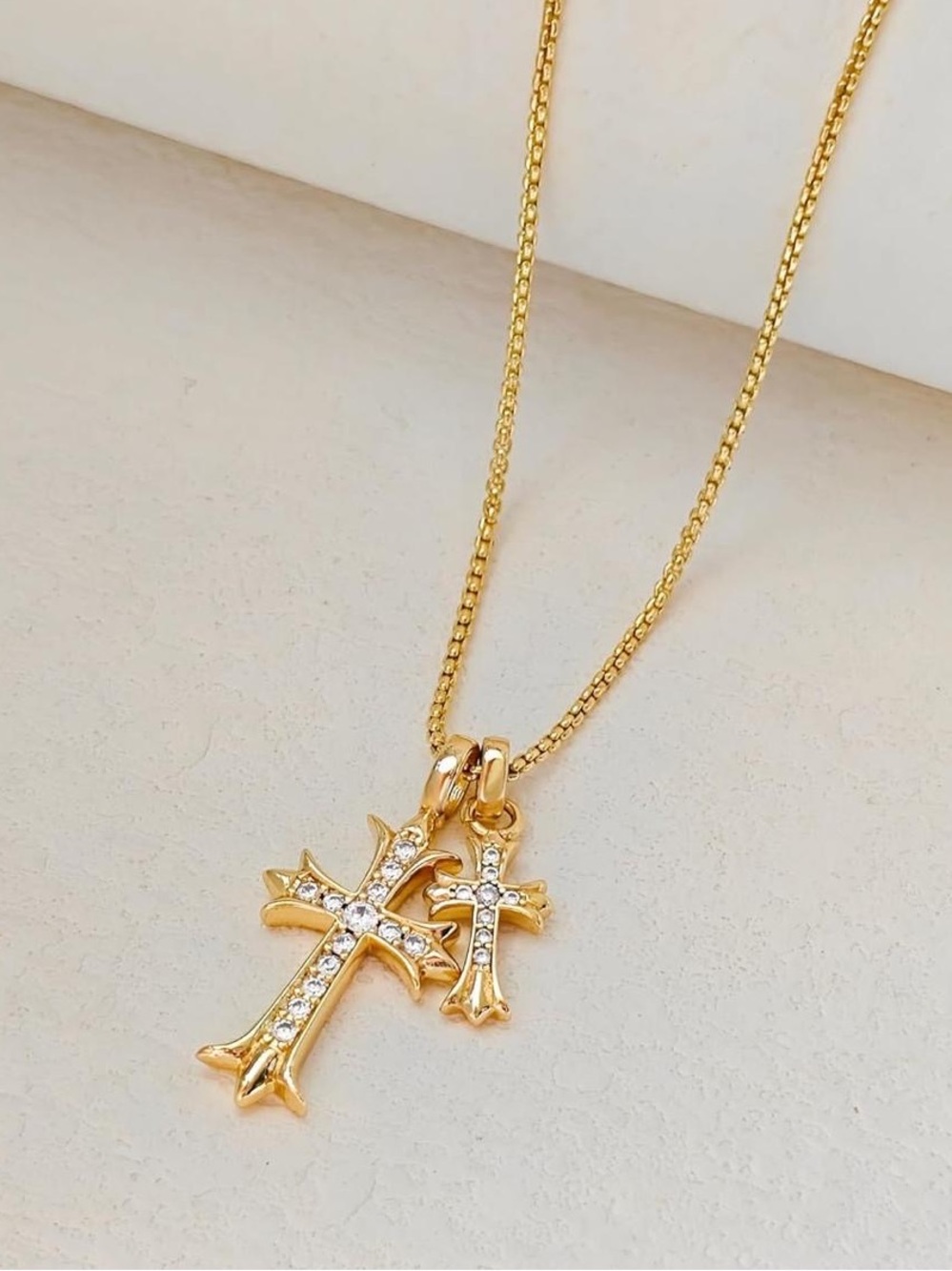 Anthropologie Gold Crystal Double Cross Pendant Necklace